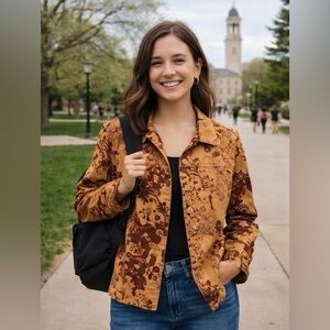 Denim&Co Floral Shirt in Brown and Tan Festival Boho Vintage like new Large